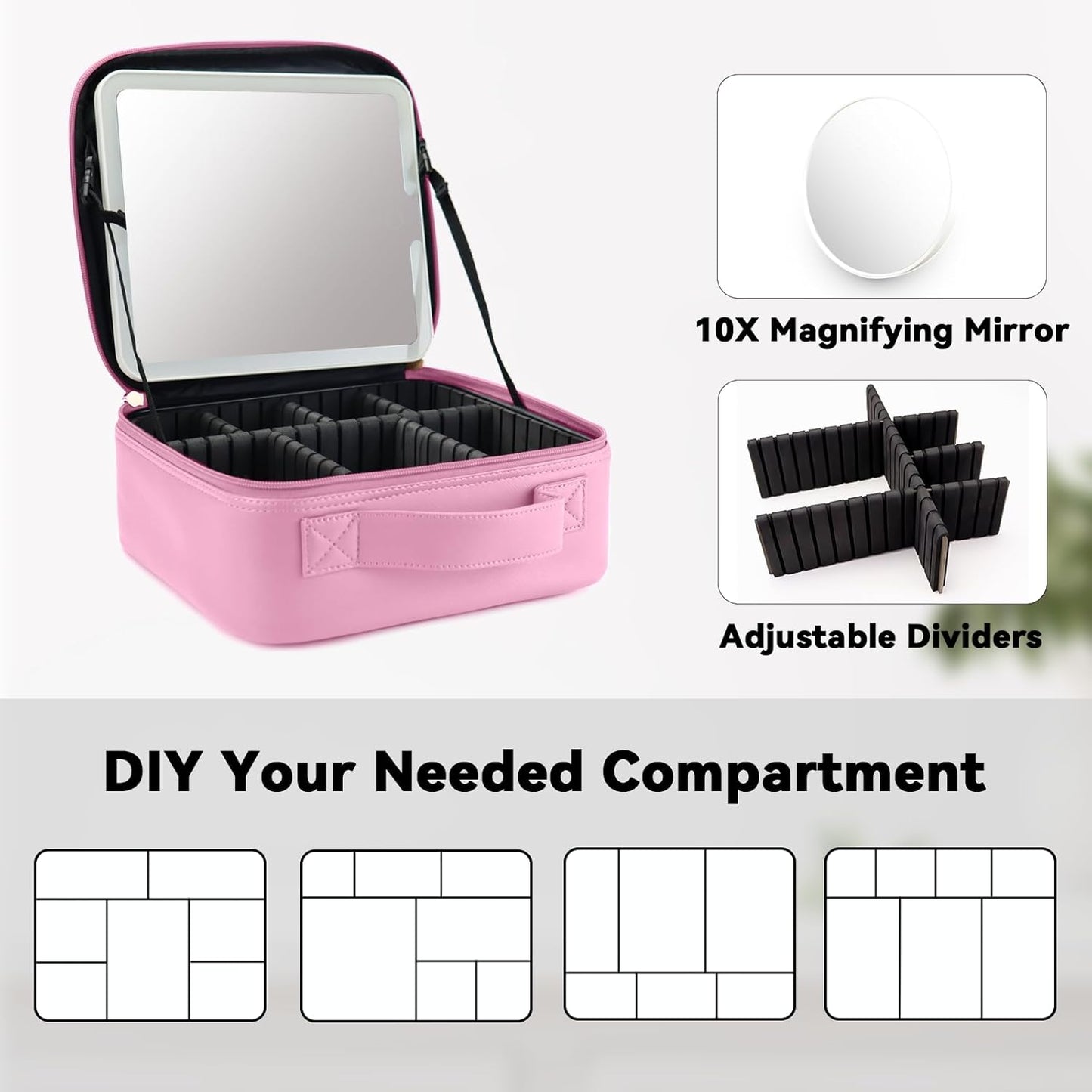 Travel Makeup Bag with LED Mirror and 10x magnifying glass with 3 Lighted Settings, Adjustable Dividers and Makeup Brush Storage Bag Dark Pink