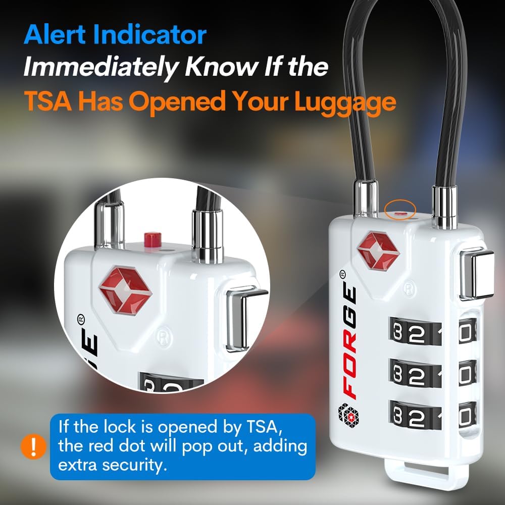 Forge TSA Approved Cable Luggage Locks, Re-settable Combination with Alloy Body(White 2 Locks)