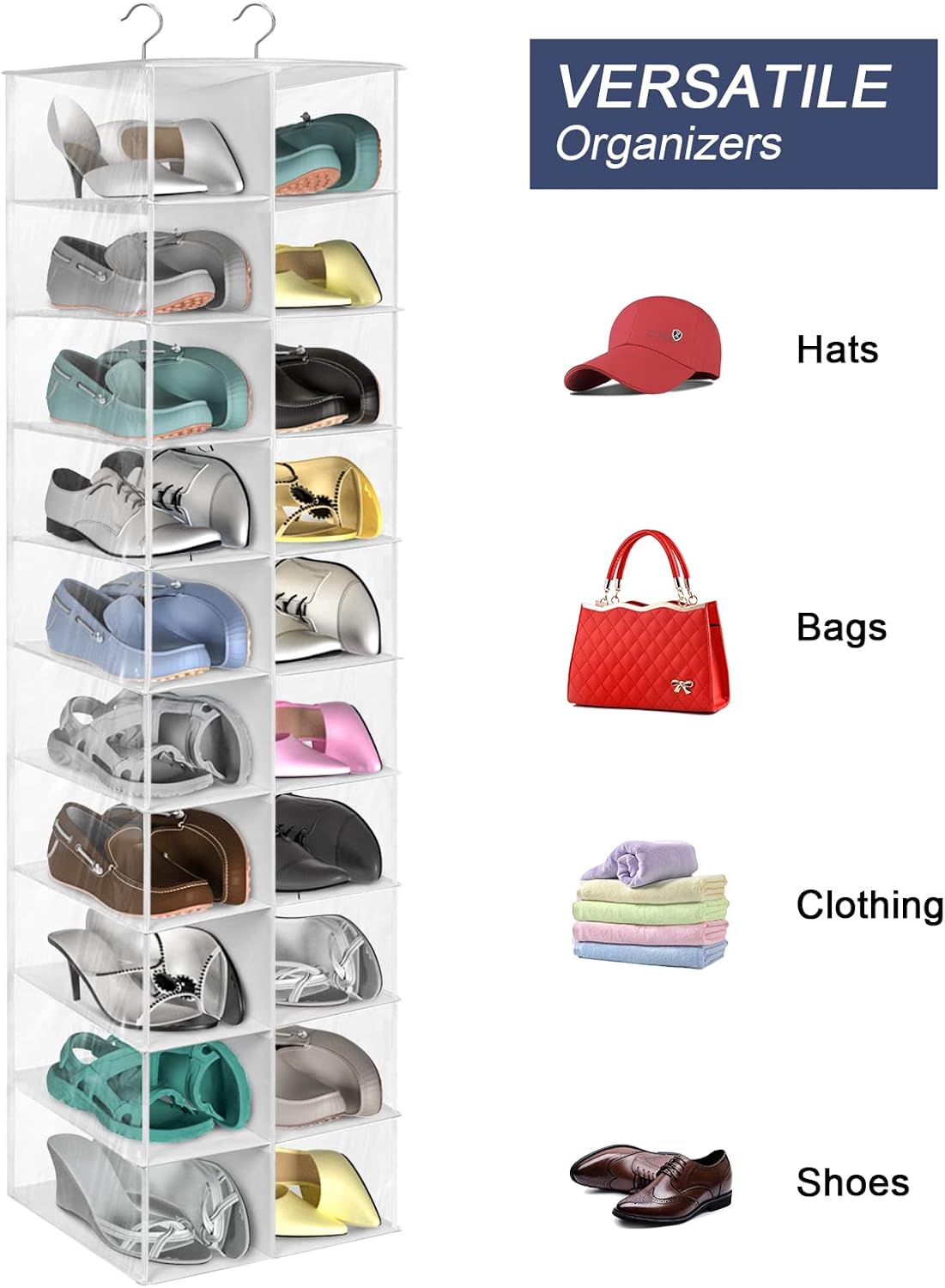 coastal rose Hanging Shoe Organizer for Closet, 20 Sections Hanging Closet Organizers and Storage Shelves, Space Saving Shoe Storage Rack Holder, Transparent White, 12''W×12''Dx 50''H