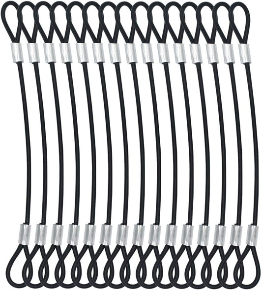 15 pcs 7.9 inch (20cm) 3mm Thickness Galvanized Steel Wire Cable with Loops Vinyl Cover Coated Short Rope Lanyard Lock Safety Tether Chains, Black