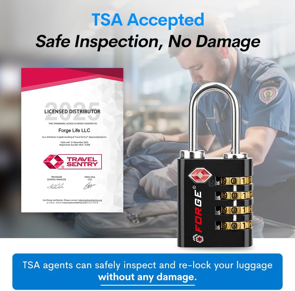 Forge Dual-Opening: Key or Combination Access Lock, Use Key to Recover Code If Forgotten, TSA Approved Locks for Luggage, Pelican case, Travel, Gym, School, Stainless Steel Shackle. (Black 2 Pk)