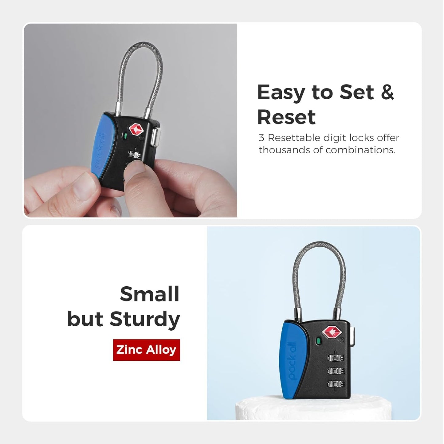 pack all TSA Approved Cable Luggage Locks, 3 Digit Combination Padlocks, Travel Lock for Suitcases & Bag, Alloy Body, Travel Accessories (1 Pack)（Navy）