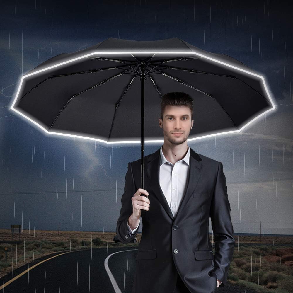 FDJASGY Windproof Travel Umbrella with Teflon Coating Auto Open Close Lightweight Sun&Rain Umbrella with 10 Rib Construction and Reflective Stripe Zipper Pouch