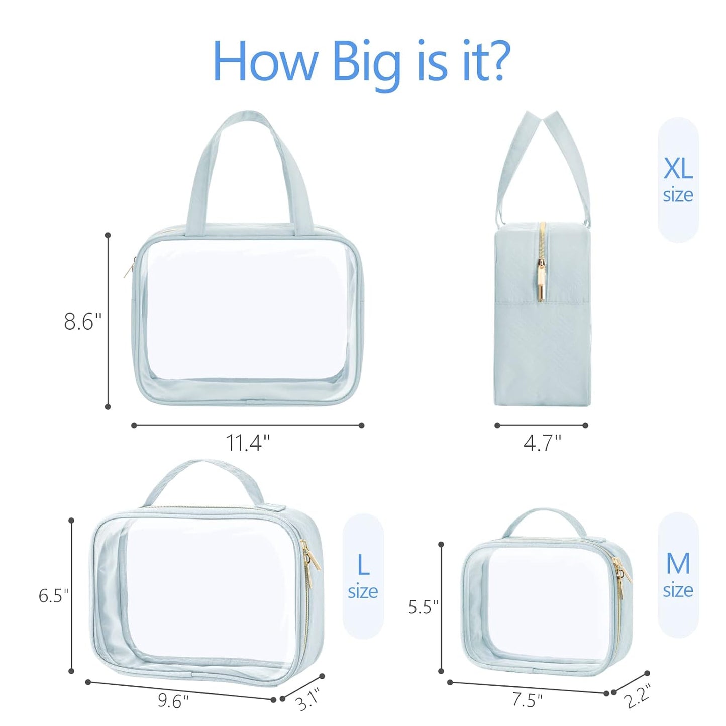 PACKISM Clear Toiletry Bags - 3 Pack Makeup Bags with Handle, Large Opening, Waterproof Cosmetic Bags for Travel Essentials, Grayish Blue