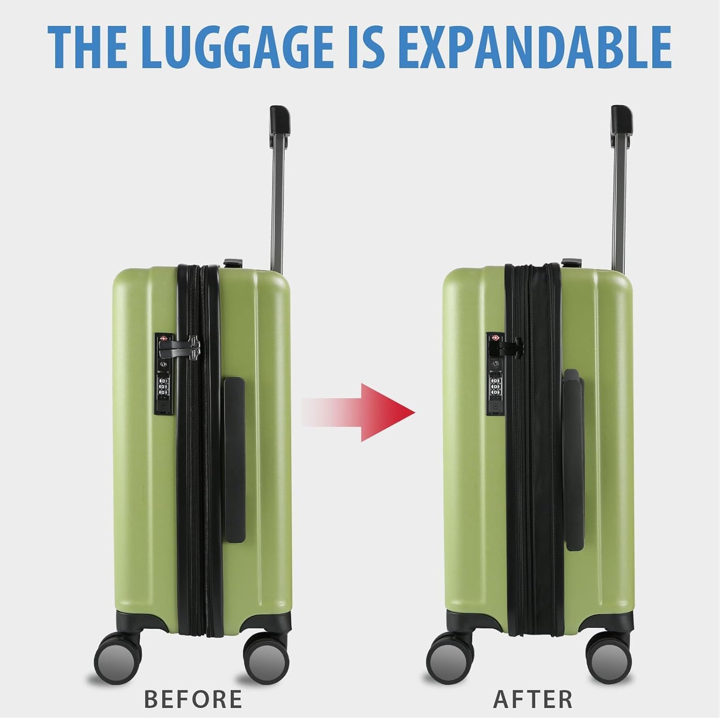 KROSER Hardside Expandable Carry On Luggage with Spinner Wheels & Built-in TSA Lock, Durable Suitcase Rolling Luggage with USB Port, Carry-On 20-Inch, Green