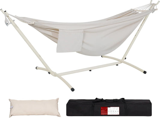 LazyDaze Hammocks Double Hammock with Stand - 2 Person Heavy Duty Outdoor Hammock for Adults, Includes Durable Steel Stand, Portable Carrying Bag and Pillow, Beige