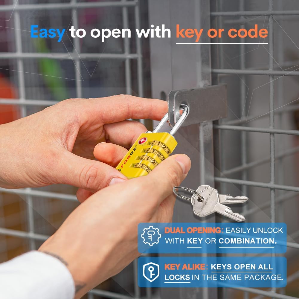 Forge Dual-Opening: Key or Combination Access Lock, TSA Approved Locks for Luggage, Pelican case, Travel, Gym, School, Stainless Steel Shackle.(Yellow 2 Locks)