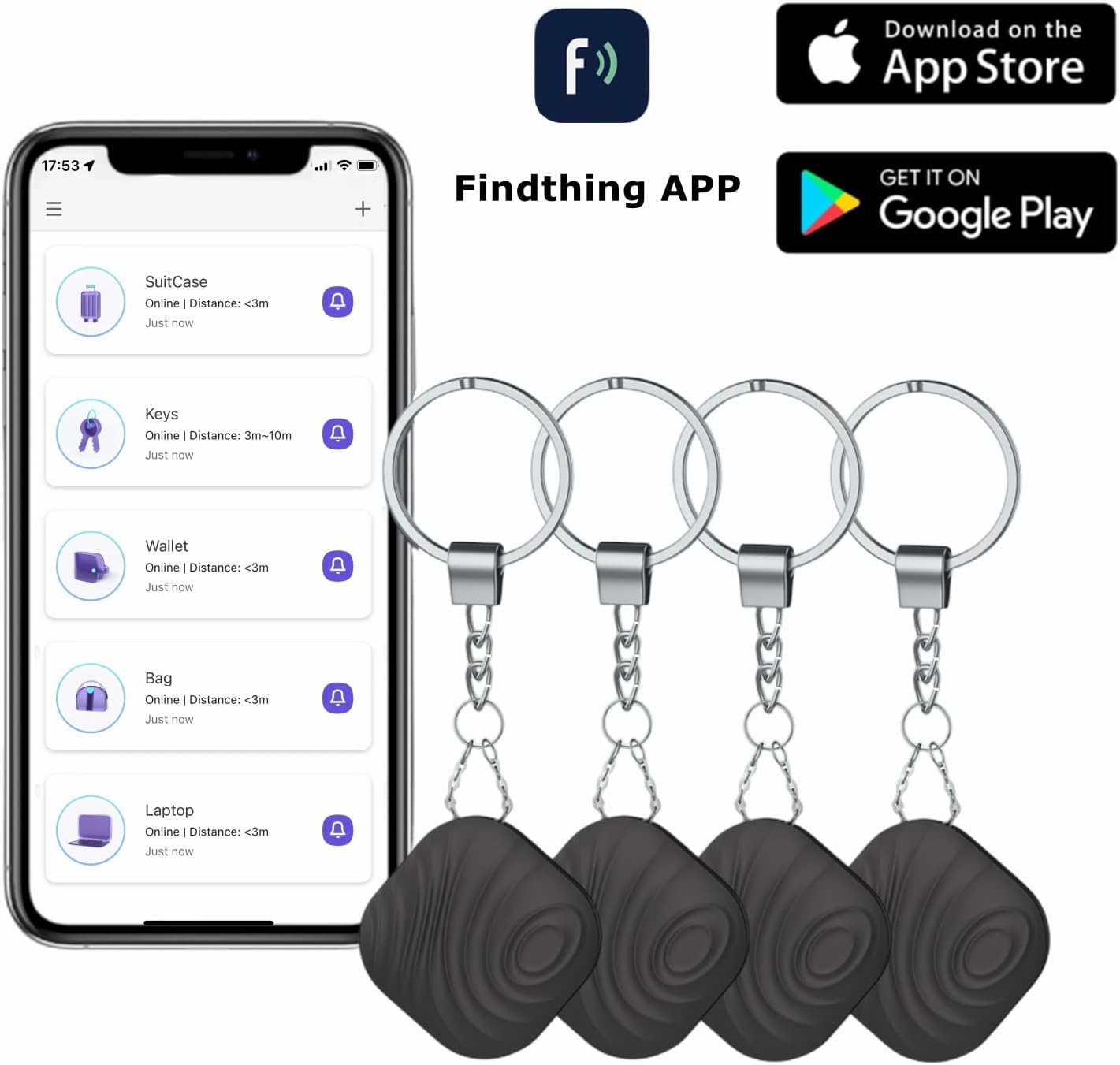Findthing Key Finder Smart Tag 4-Pack - Bluetooth Tracker Item Locator with Key Chain - Both iOS and Android Compatible for Keys Pet Wallets Backpacks and Tablets