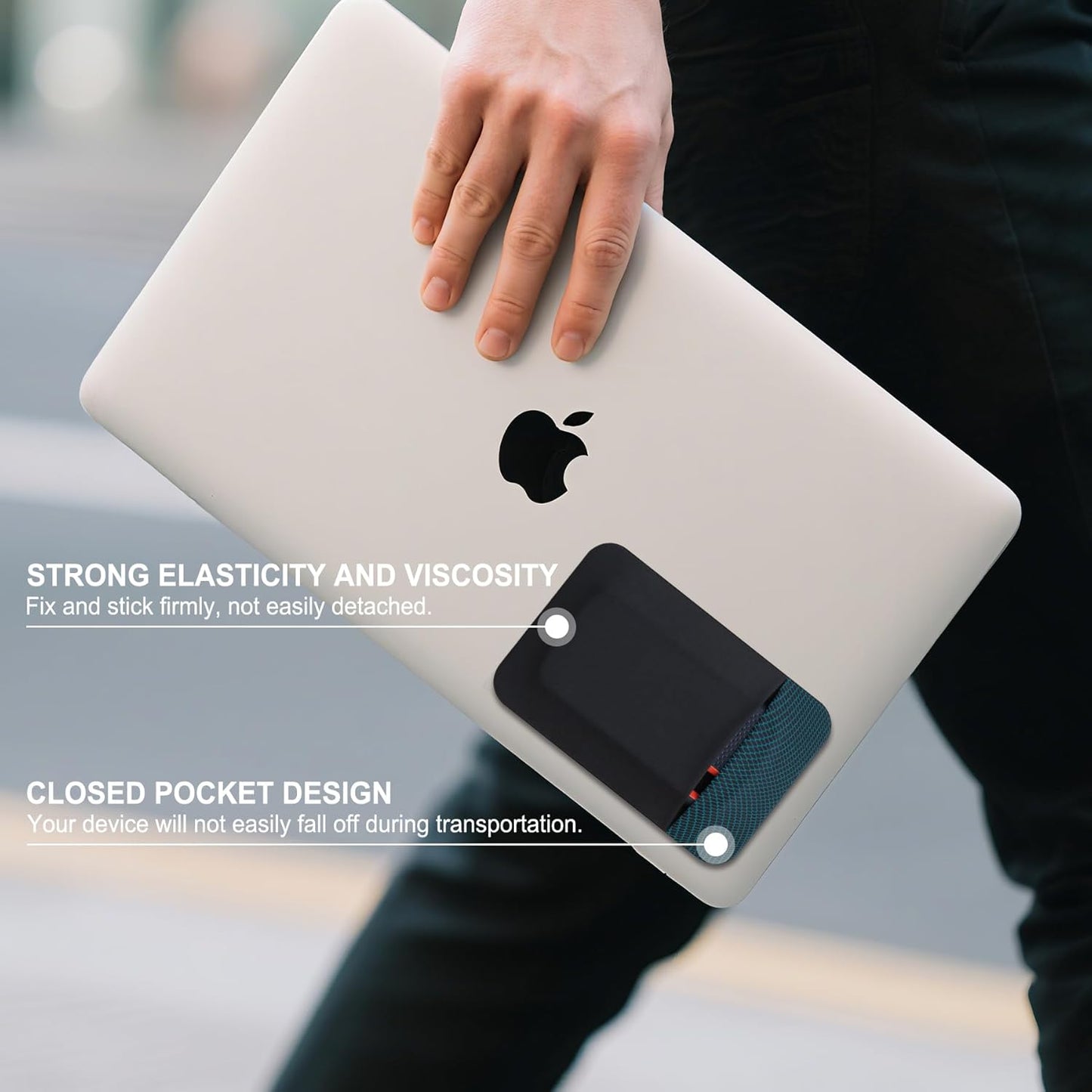 Lacdo Portable Hard Drive Sleeve for Laptop, Stick on Pouch with Reusable Adhesive, for SanDisk, Samsung, Crucial, Portable External Solid State Drive SSD Hard Drive Carrying Case Closed Pocket, Black