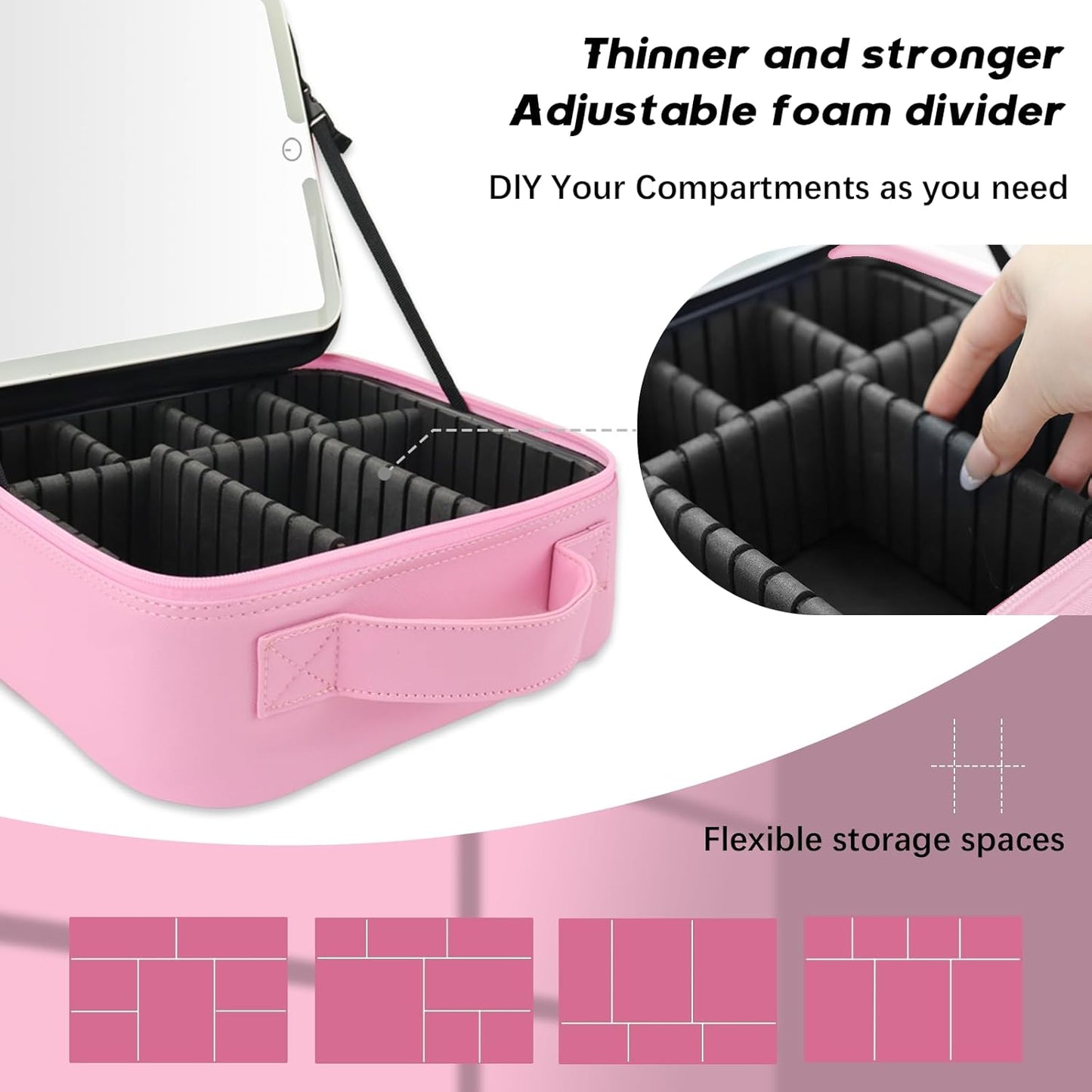 Makeup Bag with Led Mirror,Travel Makeup Organizer with 3 Color Setting, Portable Storage and Adjustable Dividers Travel Makeup Bag(Dark Pink)