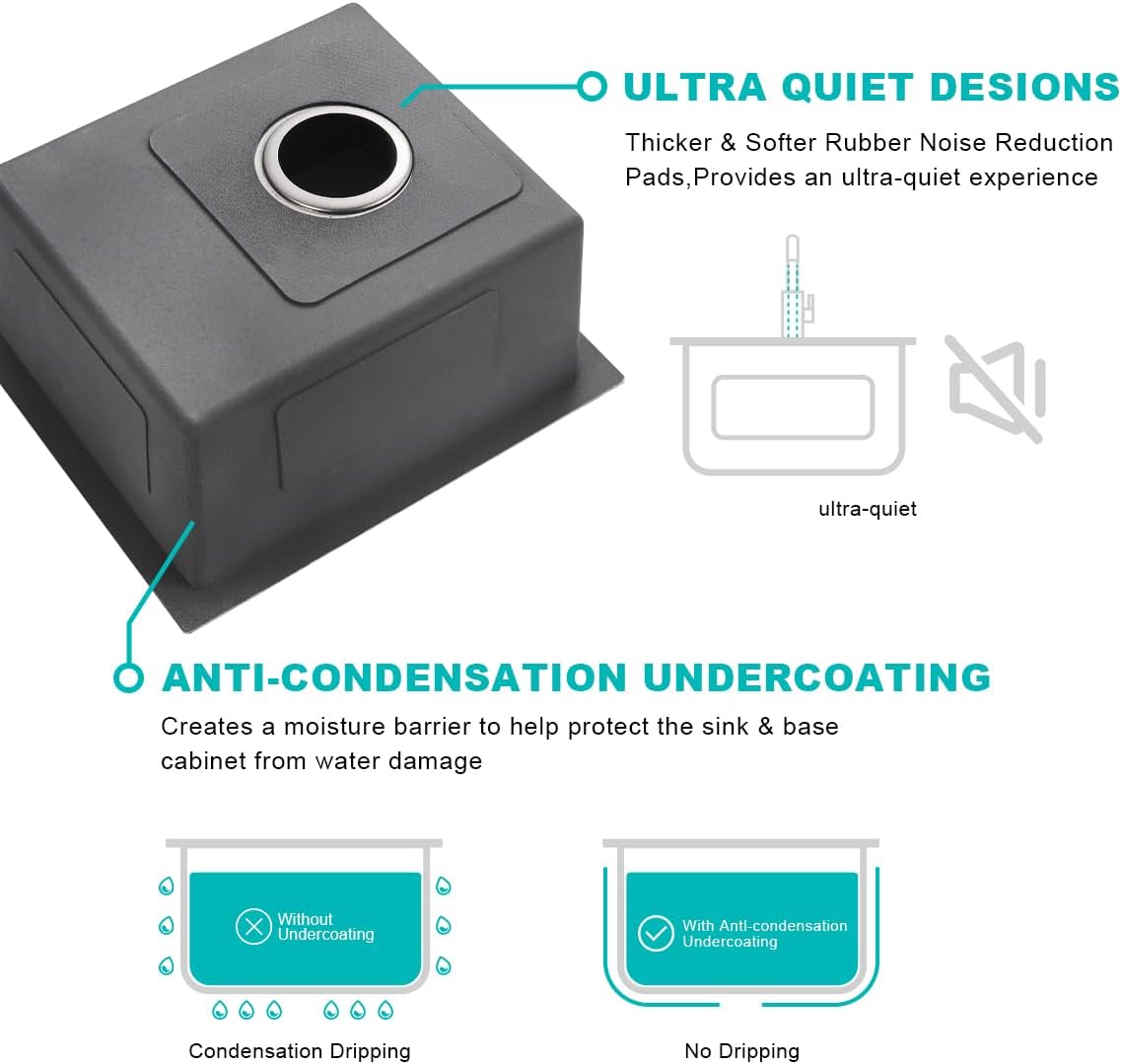 15 inch Undermount Bar Sink, Stainless Steel Handmade Single Bowl Kitchen Sink Undermount, D15" x W17" x H8"