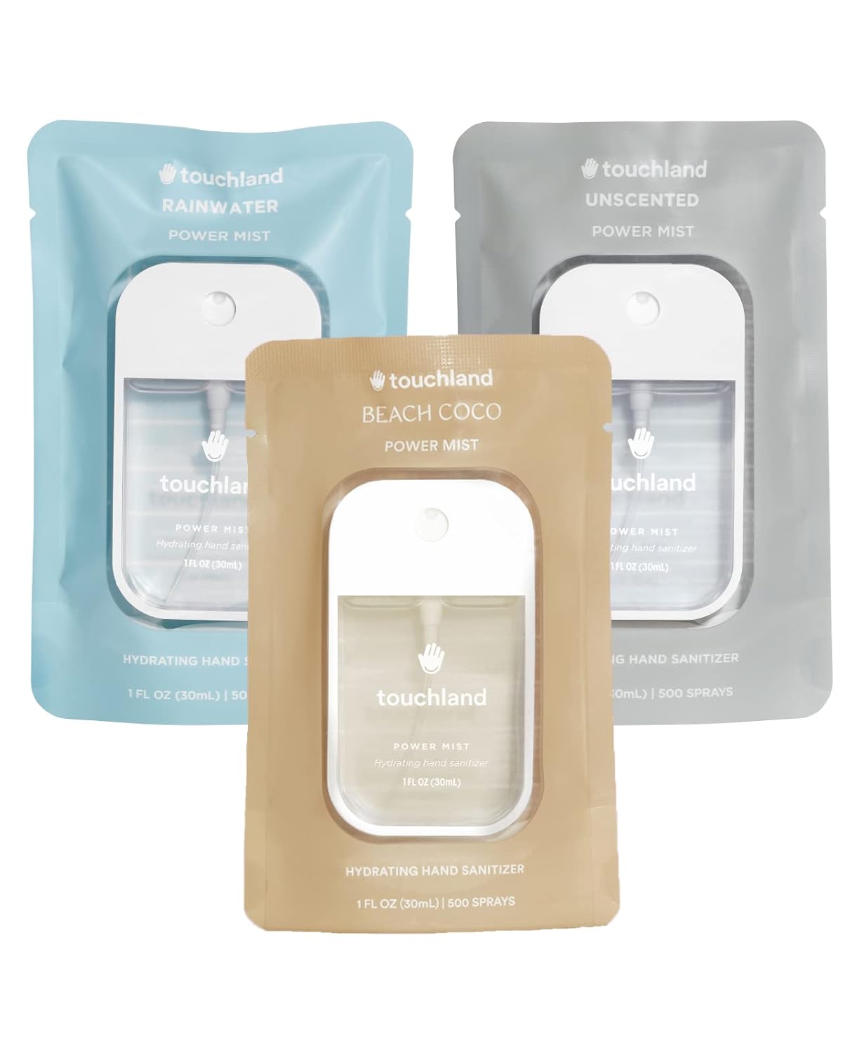 Touchland Power Mist Hydrating Hand Sanitizer Spray, DYE FREE Trio Set (Rainwater, Unscented, Beach Coco), 1 FL. OZ. Travel Size (Set of 3)