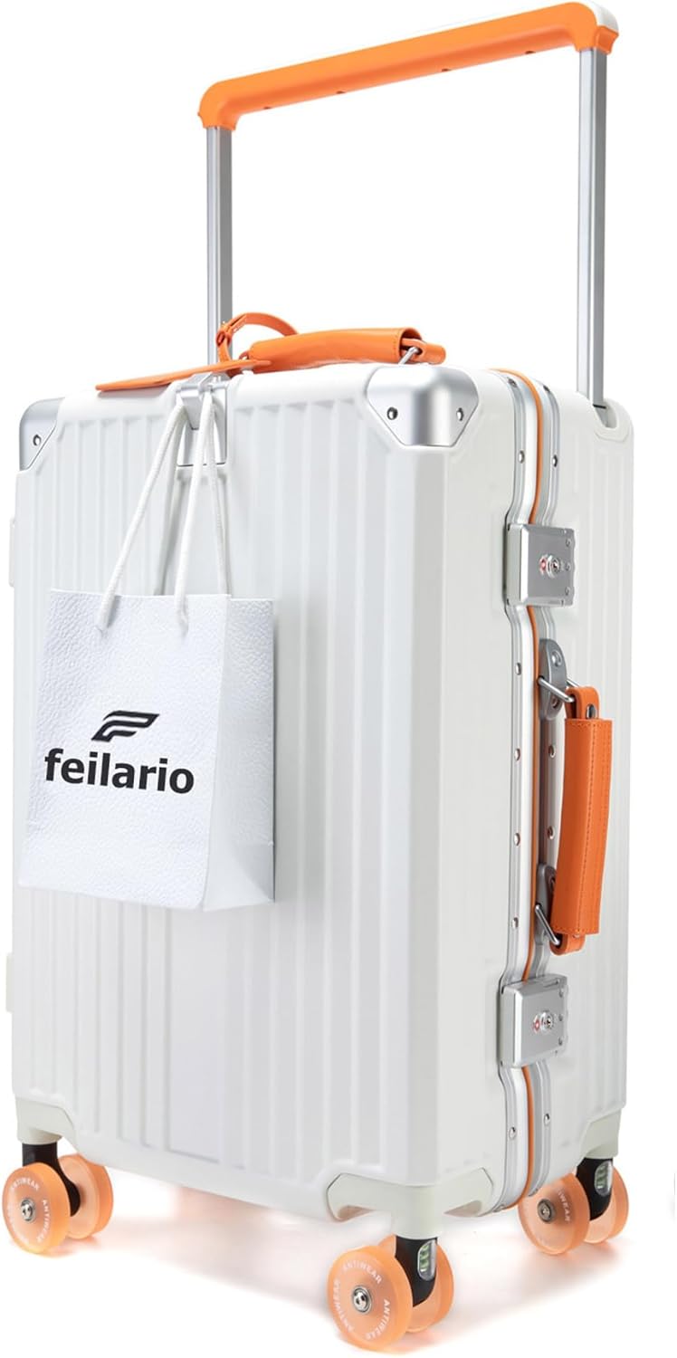 feilario 20" Aluminum Frame Wide Handle Hard Shell Carry On Suitcase - Vivid Colors Double Spinner Wheels Airline Approved Rolling Luggage with TSA Lock & Cup Holder (White, 20in)