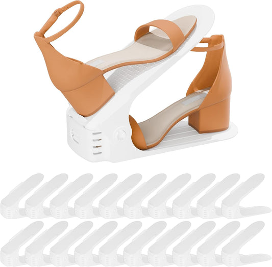 Shoe Slots Organizer, 20PCS Adjustable Double Layer Stack Shoe Rack, 50% Space-Saving Storage Rack Holder, White