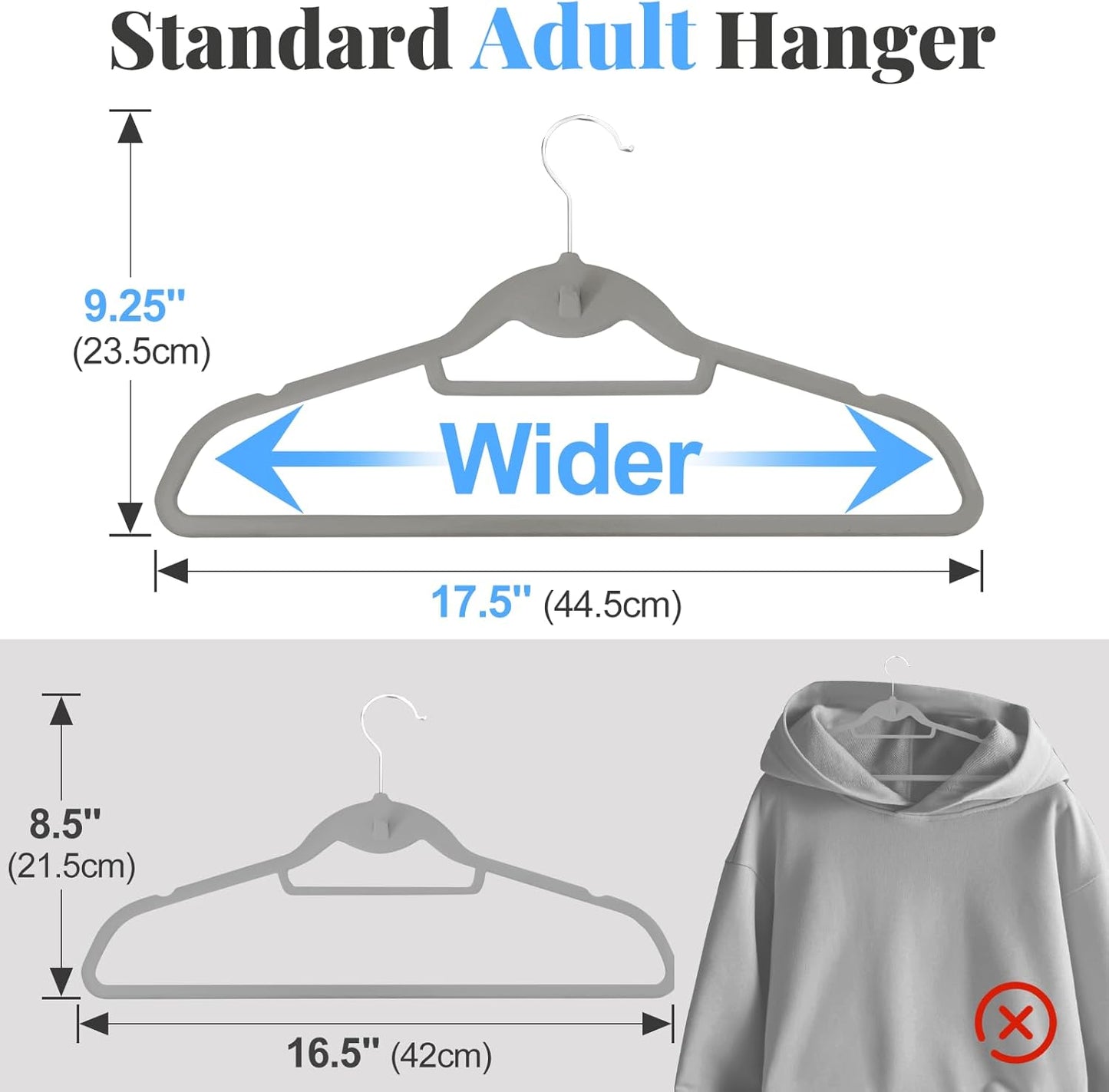 Velvet Felt Stackable Hangers 50 Pack, Non Slip, with 360° Swivel Hook, Ultra Thin and Space Saving for Suits, Shirts, Coats, 15Lbs Capacity Heavy Duty, Gray