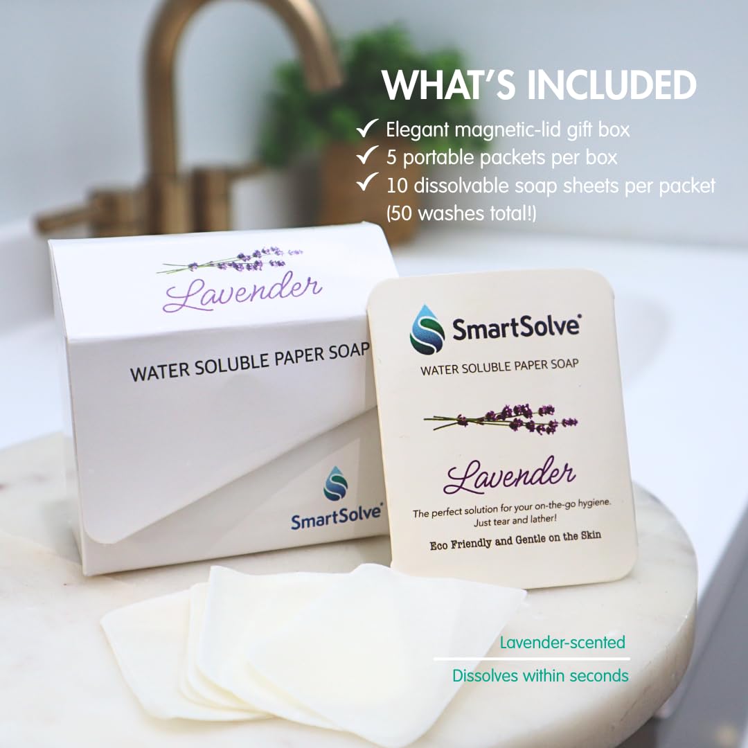 Lavender Scented Soap Sheets (Pack of 5, 50 sheets) - Eco-Friendly, Water-Soluble, Biodegradable, TSA-Friendly Travel Pocket Hand Wash | Cruelty-Free, Alcohol-Free, Gentle on Skin,