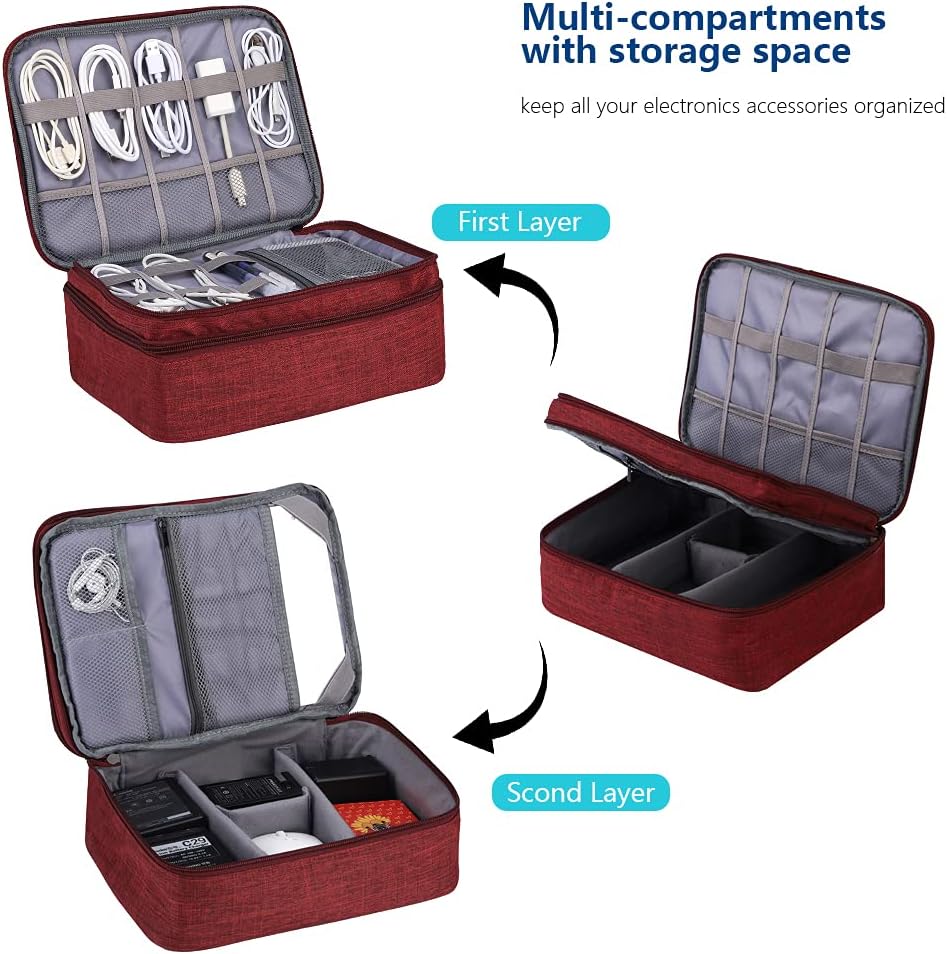 ORIENT FAMULAY Travel Electronics Organizer, Waterproof Cable Organizer Bag for Electronic Accessories Double Layer Large Shockproof Cable Storage Bag for Cord, Power Bank, Tablet(Up to iPad 11 inch) - Wine Red