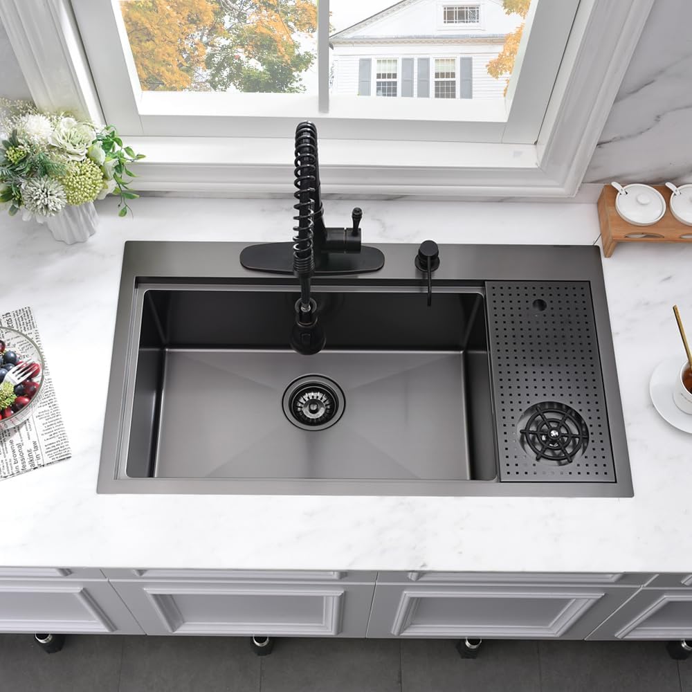 33 Inch Black Drop In Kitchen Sink with Glass Rinser-Bokaiya 33x19 Drop In Sink Stainless Steel Ledge Workstation 16 Gauge Single Bowl Deep Kitchen Sinks with Cup Washer