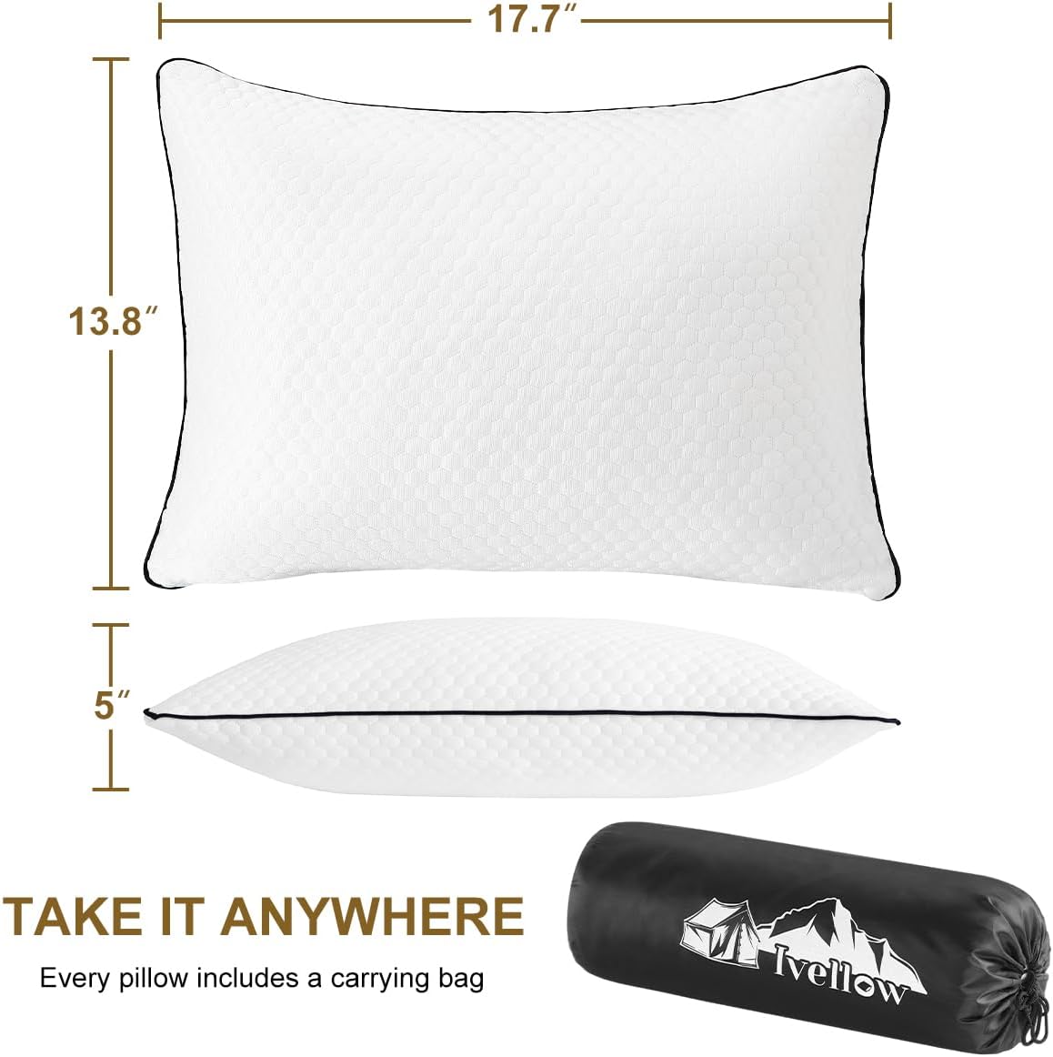 Ivellow Travel Pillow Cooling Camping Pillow for Sleeping Compressible Shredded Memory Foam Pillow Compact Firm Supportive Pillow for Adults Kids Outdoor Backpacking Hiking Essential Gear White S