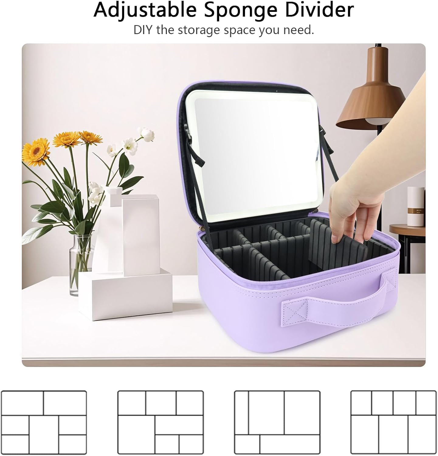 Travel Makeup Bag with LED Mirror Travel Makeup Organizer with 3 Lighted Settings, Adjustable Dividers and Makeup Brush Storage Bag Purple