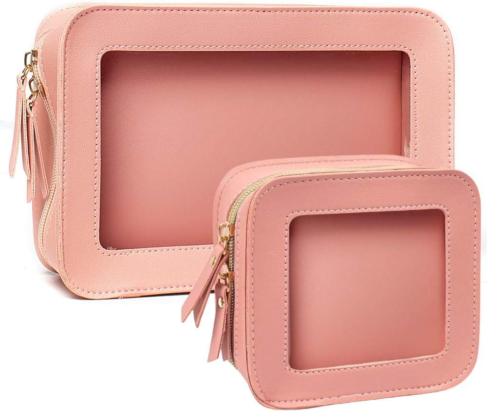 2 Pcs Clear Makup Bag Set, Clear Cosmetic Bags with Zipper Waterproof Small Travel Cosmetic Case Cute Make Up Pouch Mini Car Essentials for Women Travel Car Organizer (Pink Set)