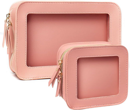 2 Pcs Clear Makup Bag Set, Clear Cosmetic Bags with Zipper Waterproof Small Travel Cosmetic Case Cute Make Up Pouch Mini Car Essentials for Women Travel Car Organizer (Pink Set)