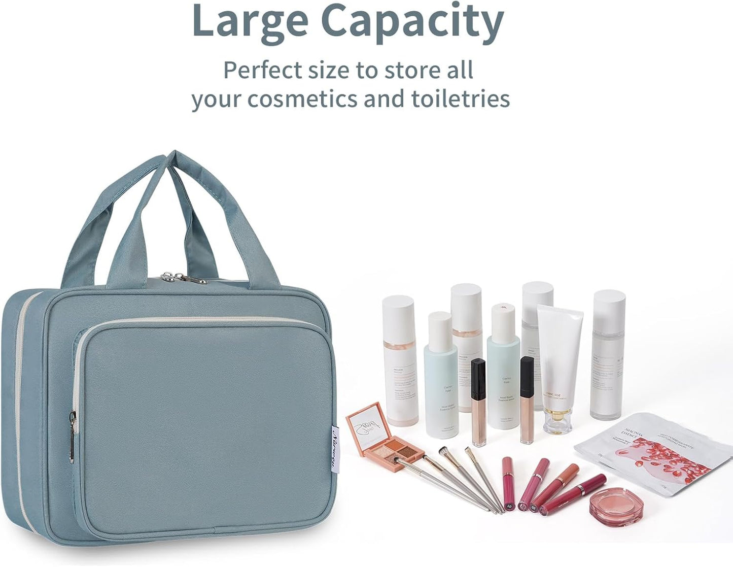 Narwey Hanging Toiletry Bag for Women Travel Makeup Bag Organizer Toiletries Bag for Travel Size Essentials Accessories Cosmetics (Greyish Blue (Medium))