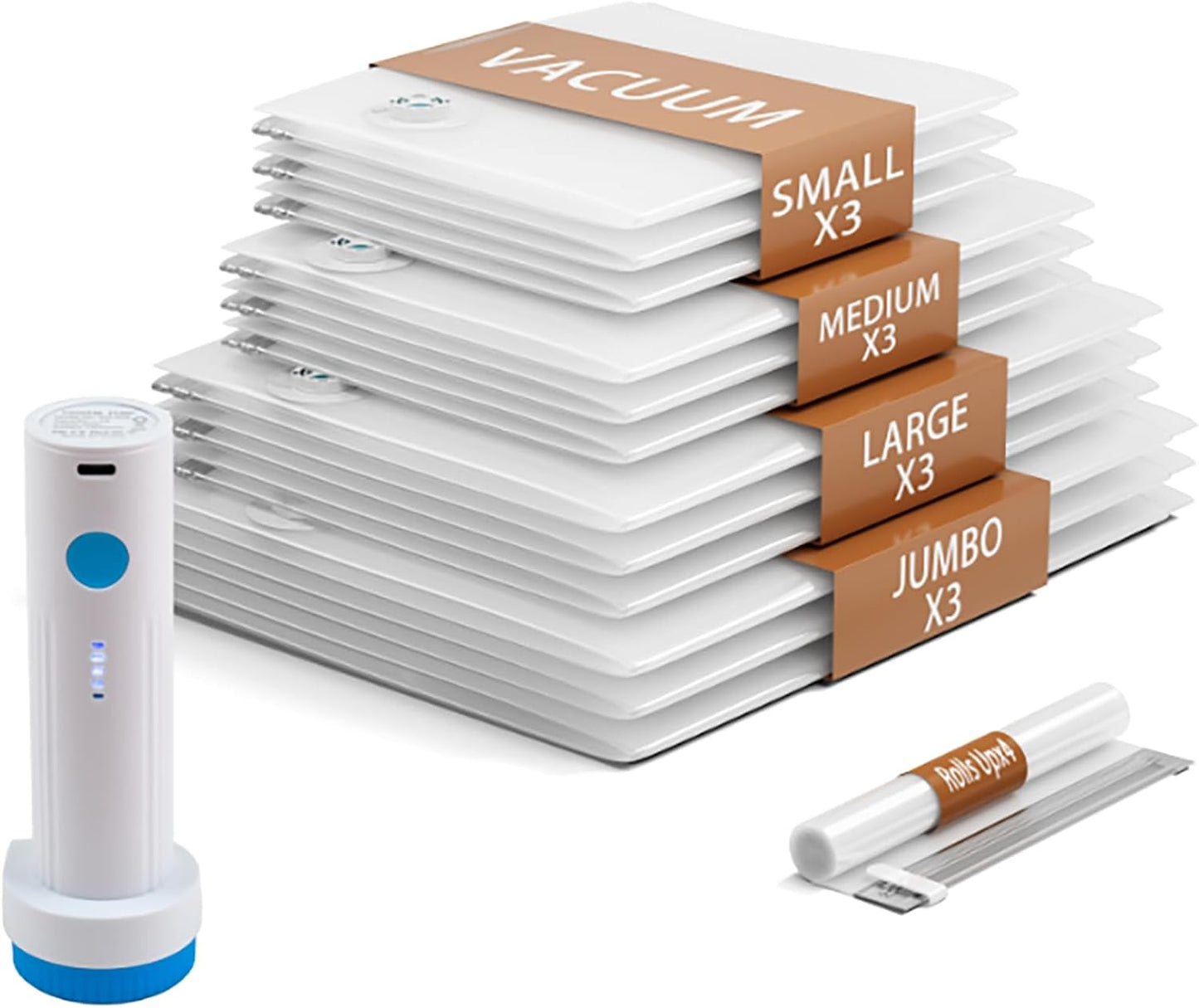 Vacuum Seal Bags for Clothing Travel, 16 Pack (3 Jumbo/3 Large/3 Medium/3 Small/4 Roll) Vacuum Storage Bags with Portable Electric Pump, Space Saver Bags for Luggage, Suitcase, Clothes, and Blankets