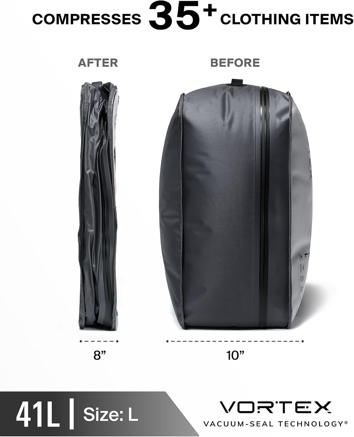 Black Voyage Reusable Vacuum Compression Travel Bag for Carry-On Suitcase and Backpack, Recycled IP67 Waterproof Space Saver Vacpack (2-Pack, 41L - No Pump)