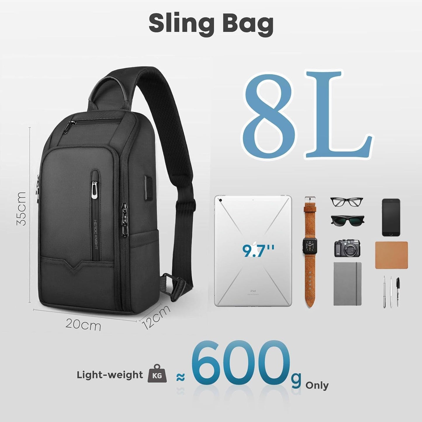 Crossbody Sling Bag for Men, Waterproof Sling Crossbody Backpack with USB Charging Port, Anti Theft Chest Shoulder Hiking Bags Daypack for Commute, Work, Sport, Travel - Black