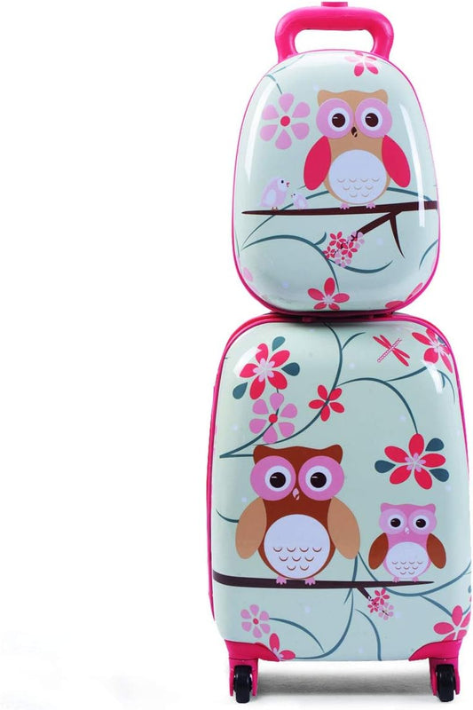 HONEY JOY Kids Luggage, 12” Travel Backpack & 16” Hard Shell Toddler Suitcase, Children Rolling Luggage with Wheels, Retractable Handle & 4 Casters, 2Pcs Carry On Luggage Set for Boys Girls (Owl)