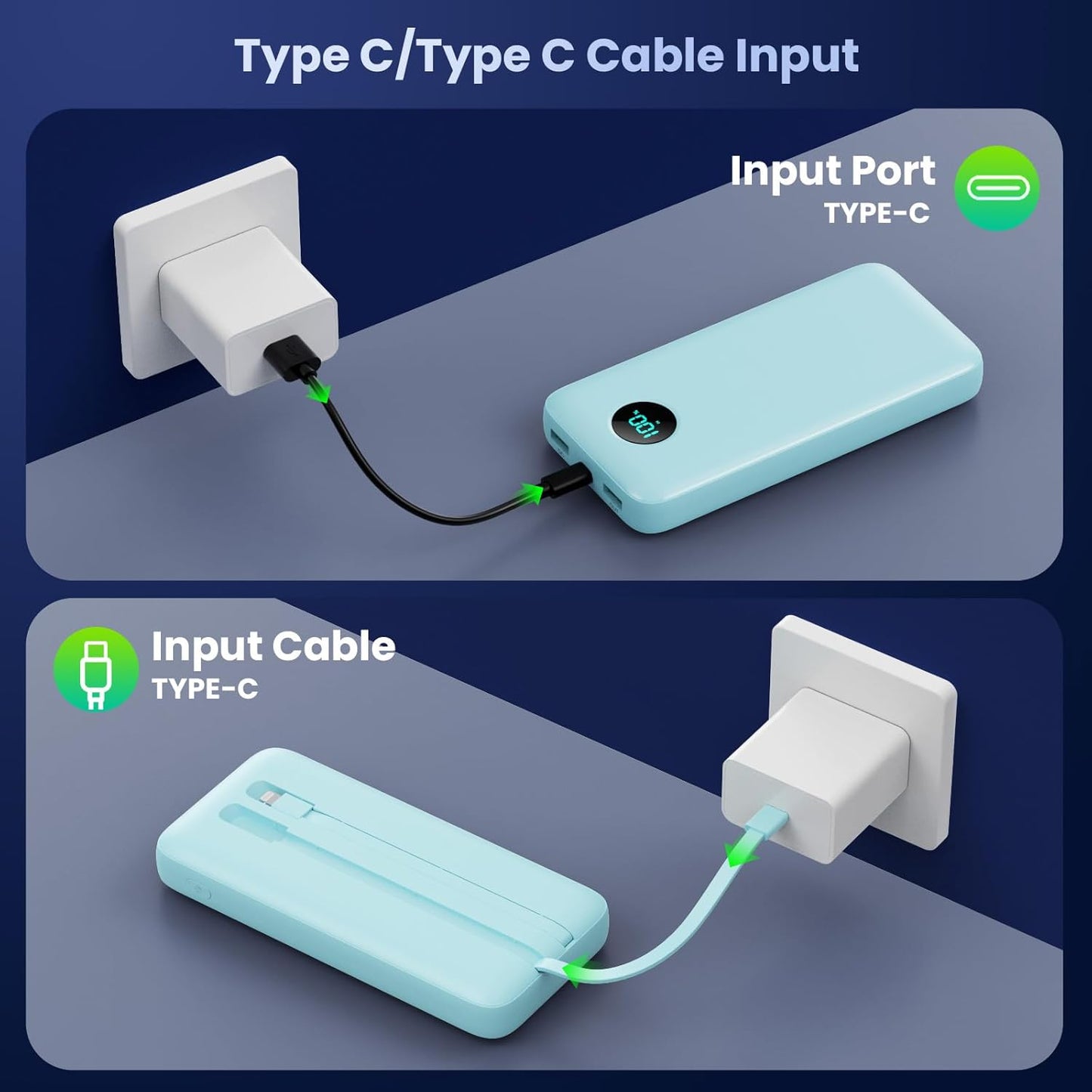 Portable Charger 40,800mAh Power Bank, 25W PD QC 4.0 Fast Charging Portable Phone Charger with Built-in Cables,LCD Display USB C Battery Pack Compatible with iPhone 16/15/14,Android Samsung (Green)