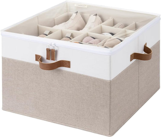 StorageWorks Shoe Organizer for Closet, Fits up to 16 Pairs, Shoe Cubby Storage Containers with Adjustable Dividers and Clear Cover, Brown & White