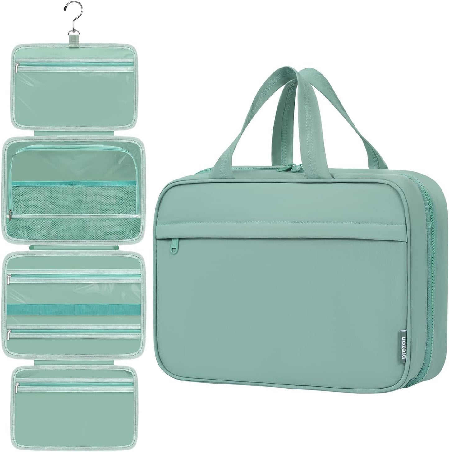 Toiletry Bag For women,Portable Hanging Organizer,4 Leakproof Compartment for full-sized Conditioner, Brushes Set, Makeup Accessories,Visible and easy to access.L-mint