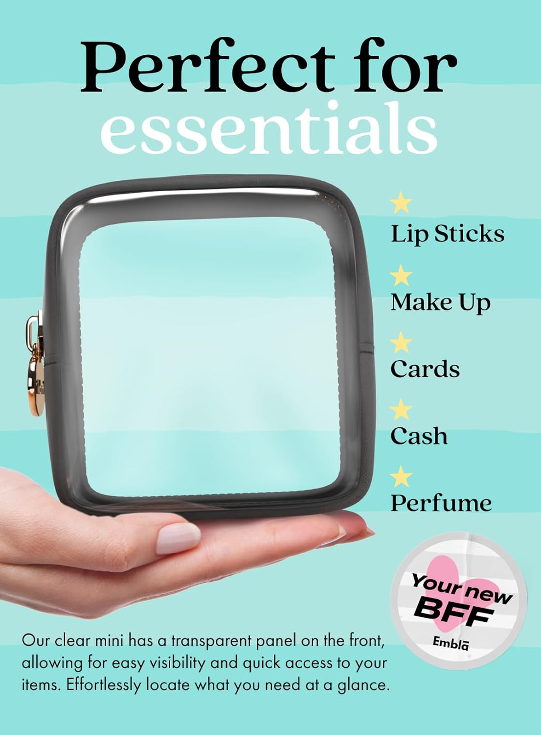 Clear Makeup Bag Zipper Pouch, Transparent Cosmetic Case Organizer, TSA Approved Travel Toiletry Case, Travel Accessories Essentials Makeup Tote for Women, Mini Cute Make up Bag for Purse - Black