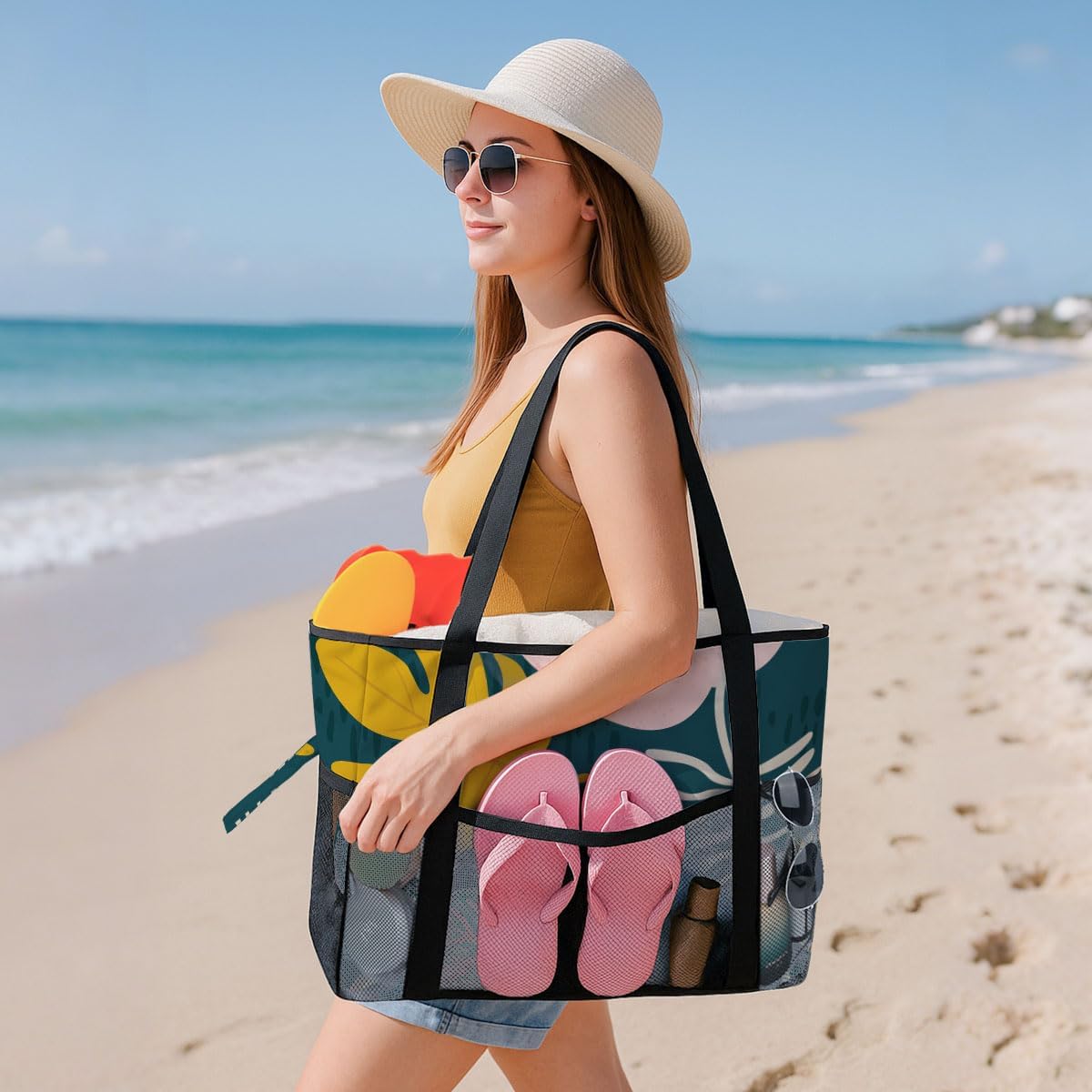 8-Pocket Waterproof Tote for Women -Sandproof Beach Bag with Zipper& Family | Foldable Travel Swim Bag (Gift-Ready)