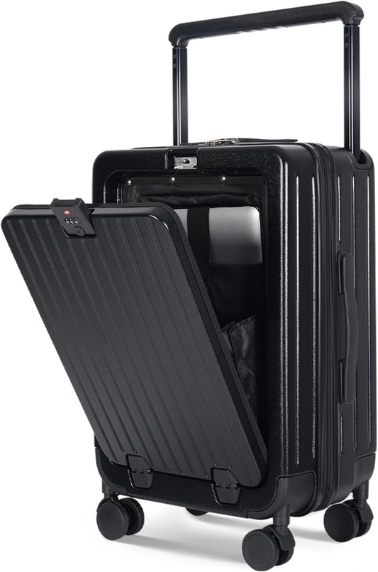 SOKOK Front Pocket Luggage with Spinner Wheels, 24'' Wide Handle Travel Suitcase PC Hardshell Multifunctional Luggage with Charging Port and Cup Holder, Black
