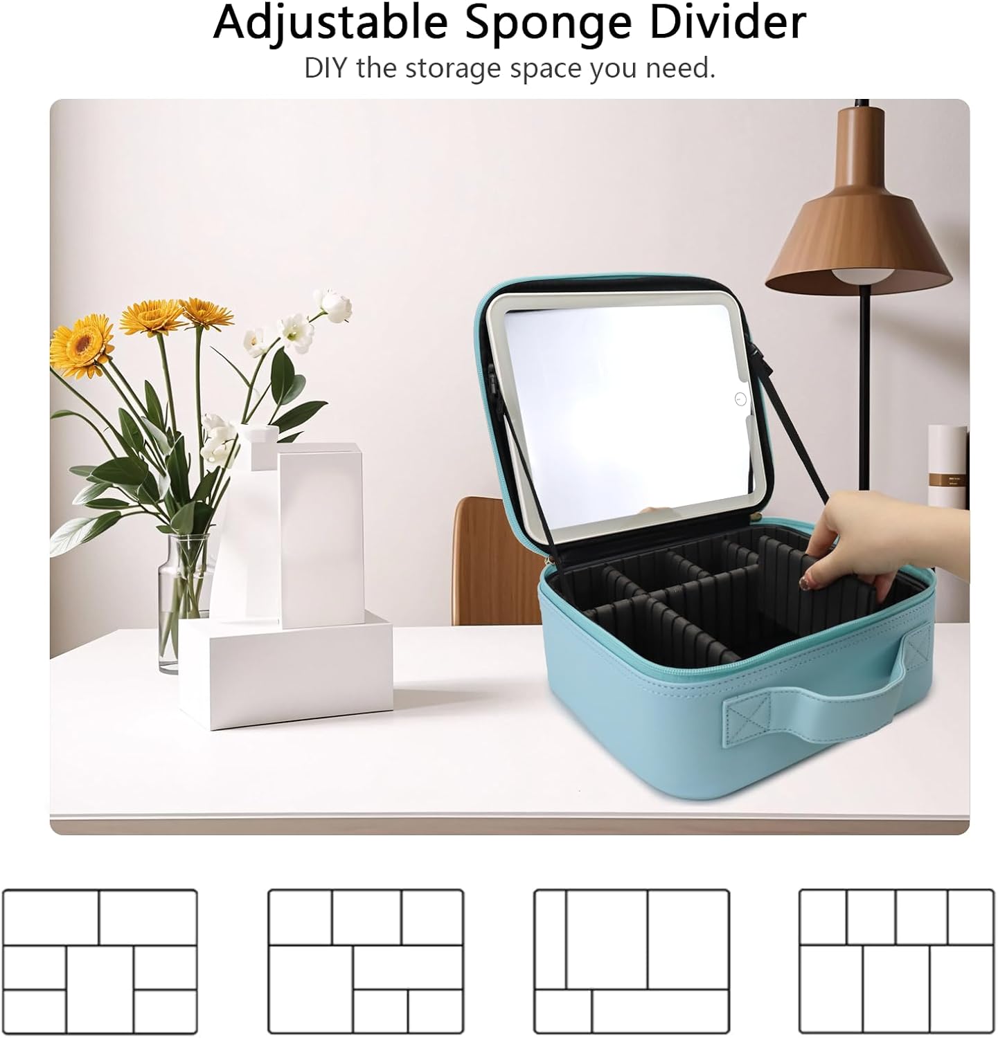 Travel Makeup Bag with LED Mirror Travel Makeup Organizer with 3 Lighted Settings, Adjustable Dividers and Makeup Brush Storage Bag Light Blue