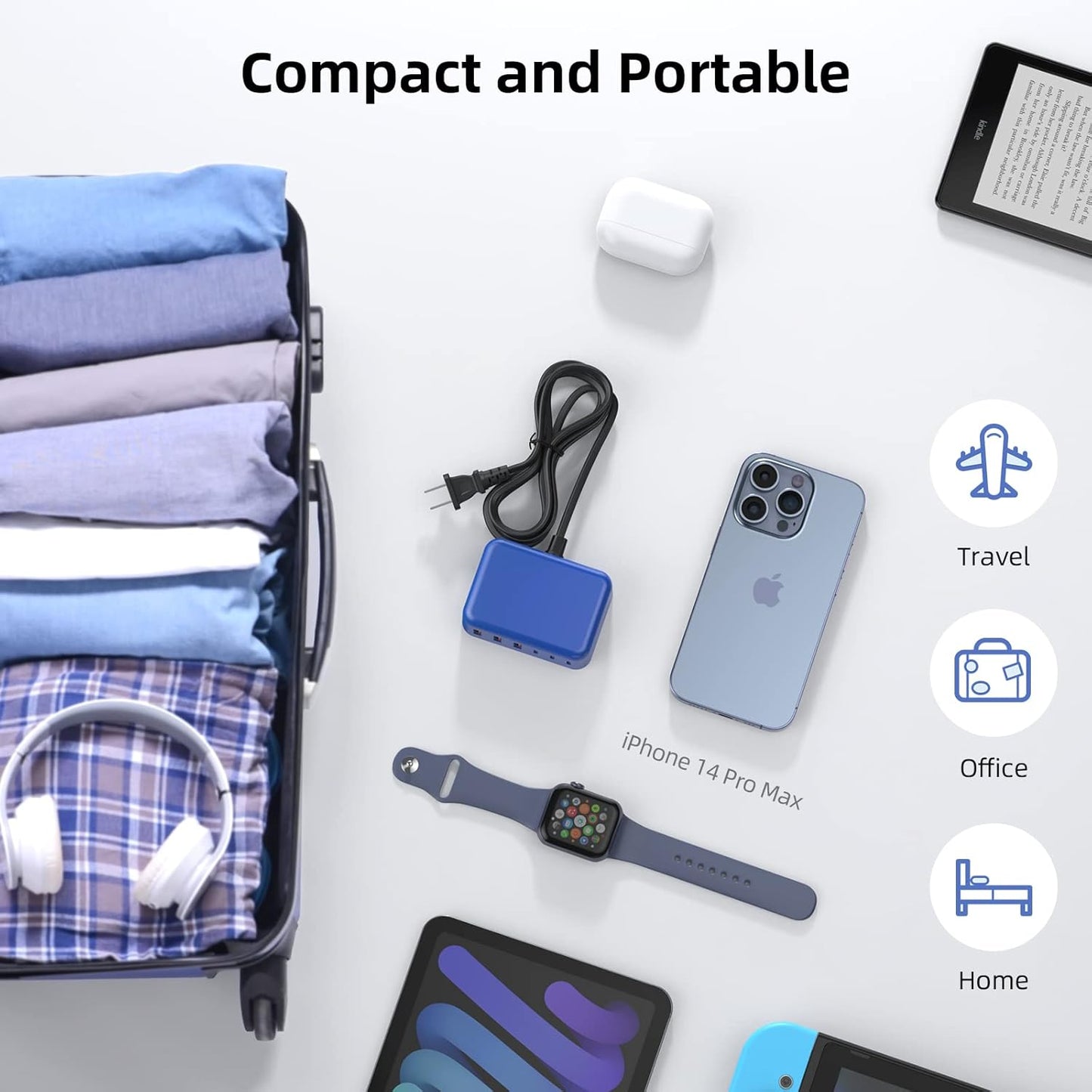 USB C Charger Block, 100W GaN 6 Port PD USB C QC USB A Wall Charger Adapter Plug Cube, Super Fast Type C Charging Station Hub for iPhone 16 15 14 13 12 Pro Max iPad Samsung Pixel 5ft Extension Cord