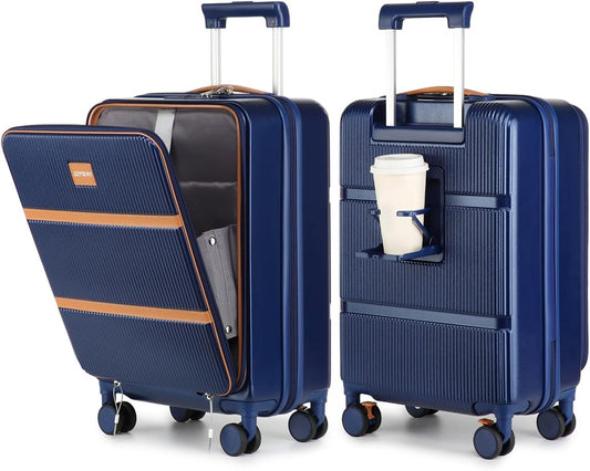 Joyway Carry on Luggage Airline Approved with Front Pocket, Hardside 20 Inch Travel Luggages with Cup Holder, Carry-on Suitcase with Spinner Wheels for Men and Women (Blue, 20 Inch)