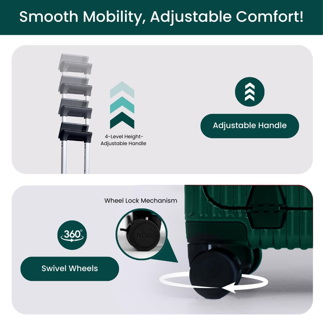 NOBL Travel Carry On Luggage, Noble Zipperless Aluminum Frame PC Hard Shell Suitcase, 20.8x15x8.7 Airline Approved, 360° Spinner Wheels, TSA Locks, USB Charging Port, Cup & Phone Holder - Forest Green