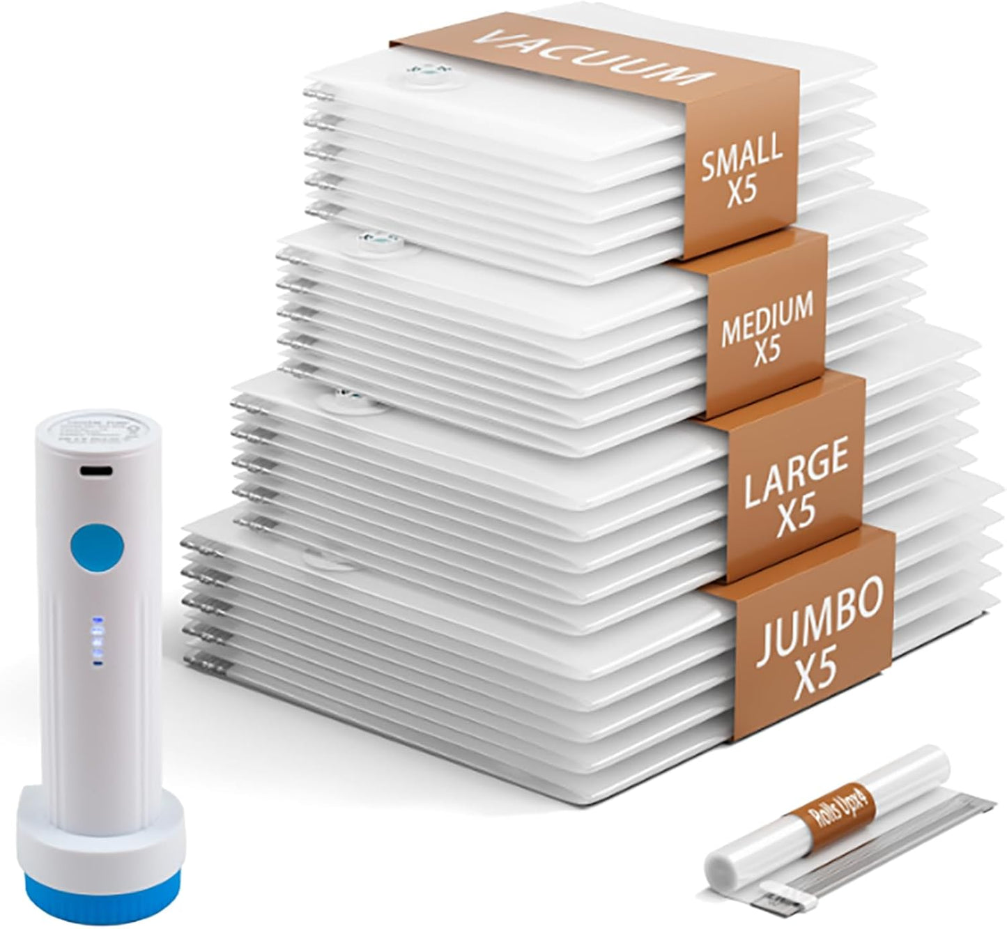 24 Pack Vacuum Storage Bags,Space Saver Bags for Clothing,Comforters,and Bedding,Includes 5 Jumbo, 5 Large, 5 Medium, 5 Small/4 Roll Bags,Compression for Closet & Travel, With Electric Pump