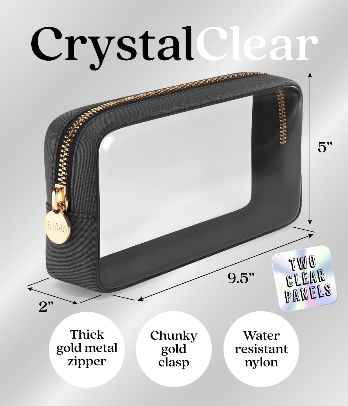 Clear Makeup Bag Zipper Pouch, Transparent Cosmetic Case Organizer, TSA Approved Travel Toiletry Case, Travel Accessories Essentials Makeup Tote for Women, Small Cute Make up Bag for Purse - Black