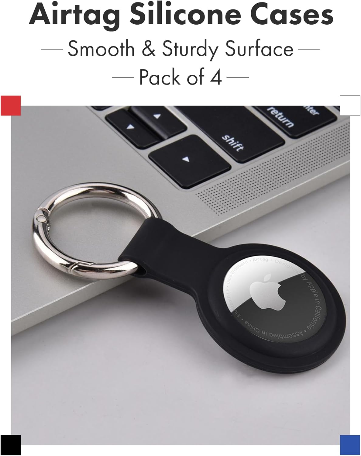 Apple AirTag 4 Pack Shockproof, Dustproof & Washable Cases, Silicon Holders with Accessories for Wallets, Luggage, Pet Collars, Key Finders (White - Black - Blue - Red)