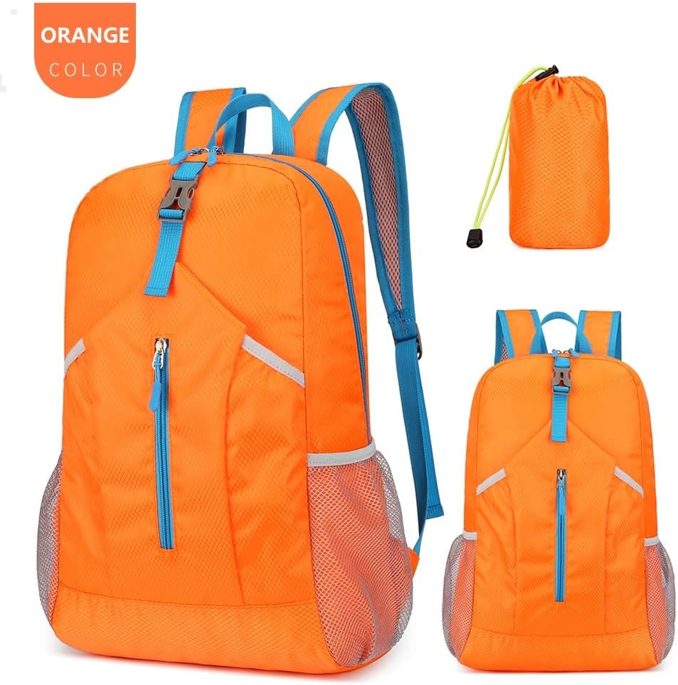 25L Hiking Backpack Foldable Sports Daypack Camping Collapsible Bag Water Repellent Lightweight Travel Men Women (Orange)