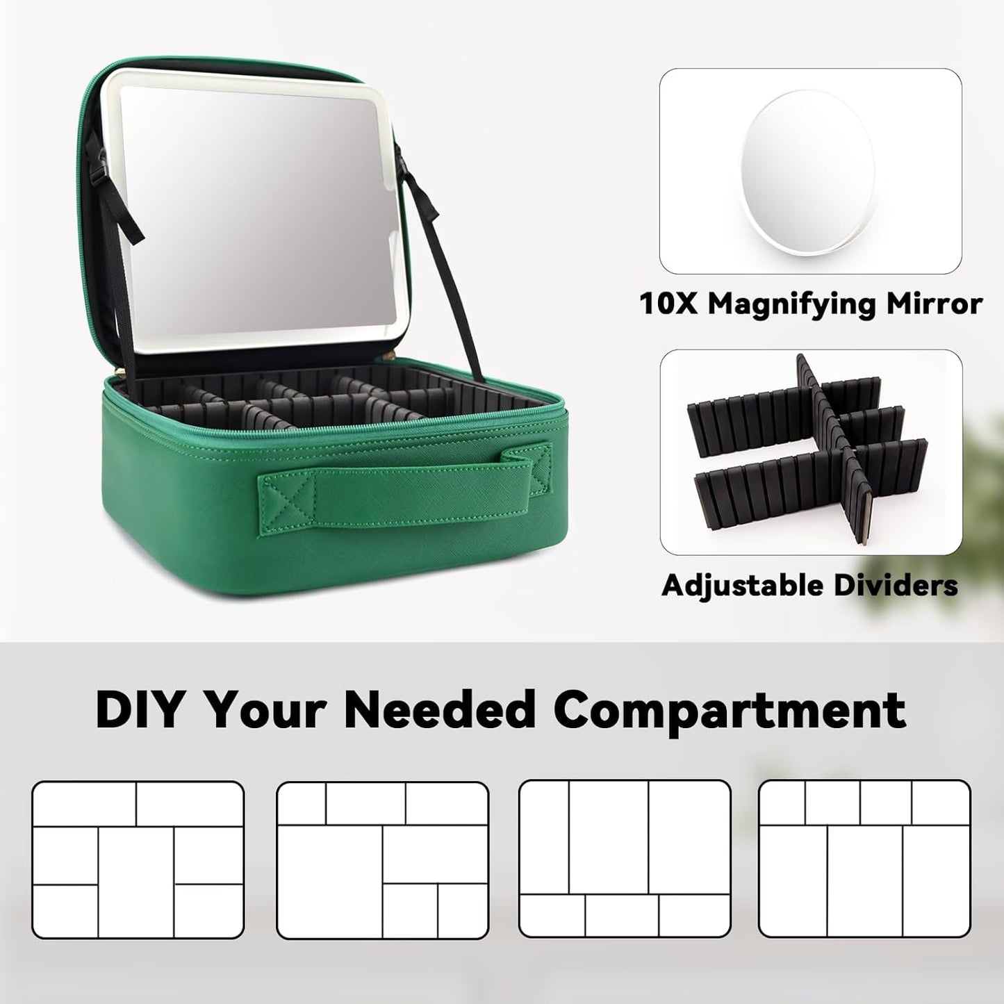 Travel Makeup Bag with LED Mirror and 10x magnifying glass with 3 Lighted Settings, Adjustable Dividers and Makeup Brush Storage Bag Dark Green