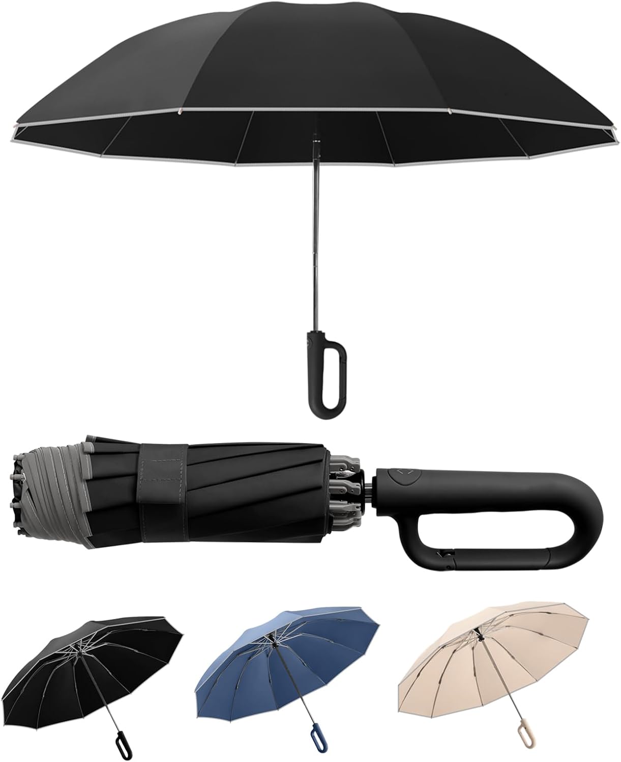 Portable Travel Umbrella, compact, durable, and windproof, reverse folding umbrella with safety reflective ring design, suitable for car and outdoor travel