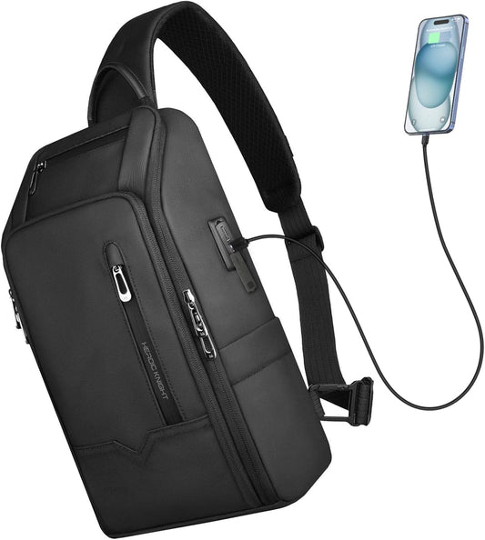 Crossbody Sling Bag for Men, Waterproof Sling Crossbody Backpack with USB Charging Port, Anti Theft Chest Shoulder Hiking Bags Daypack for Commute, Work, Sport, Travel - Black