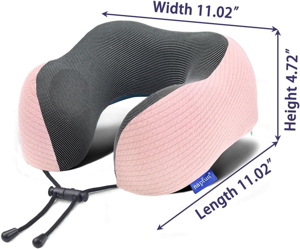 napfun Neck Pillow for Traveling, Upgraded Travel Neck Pillow for Airplane 100% Pure Memory Foam Travel Pillow for Flight Headrest Sleep, Portable Plane Accessories, Pink