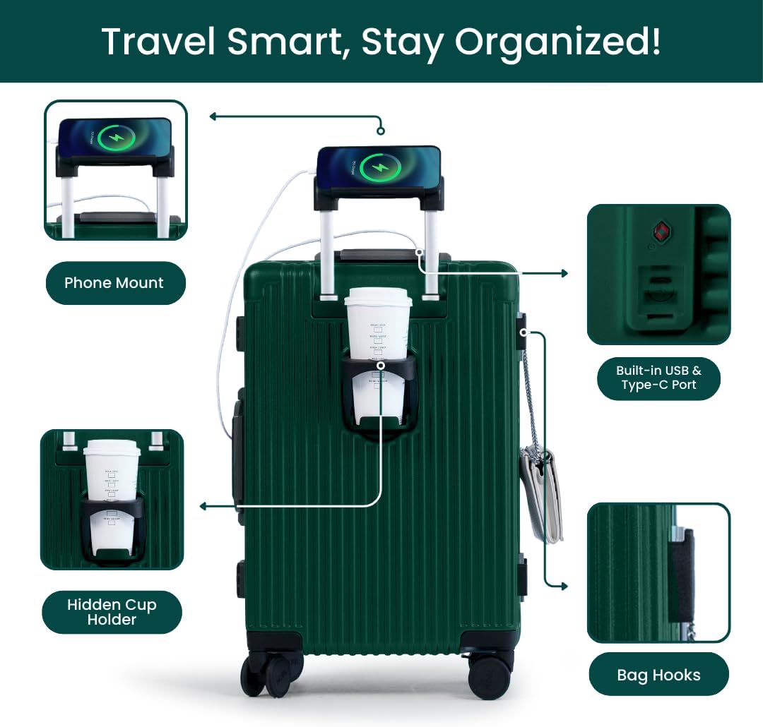 NOBL Travel Carry On Luggage, Noble Zipperless Aluminum Frame PC Hard Shell Suitcase, 20.8x15x8.7 Airline Approved, 360° Spinner Wheels, TSA Locks, USB Charging Port, Cup & Phone Holder - Forest Green